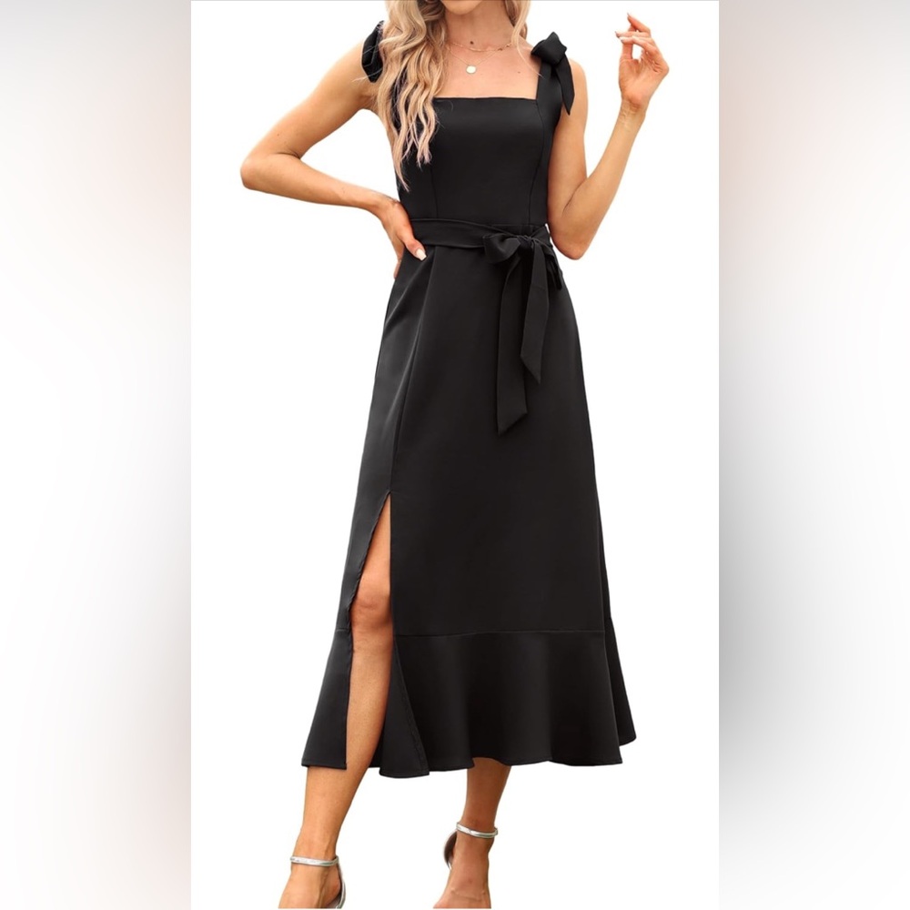 Women’s Black Square Neck Ruffle Split Midi Formal Dress